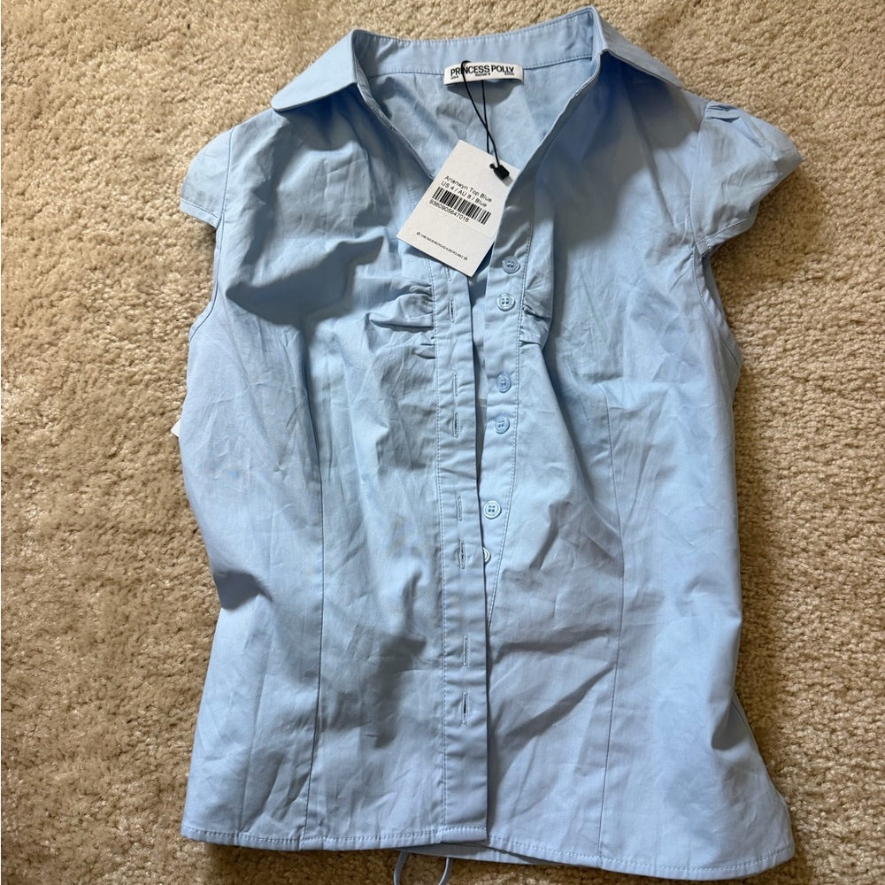 Princess Polly Arianwyn Light Blue Button Front Cap Sleeve Top